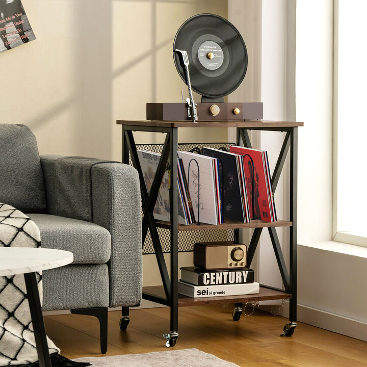 3 Tiers Vintage Style Rolling End Table with 3 Dividers for Albums-Brown