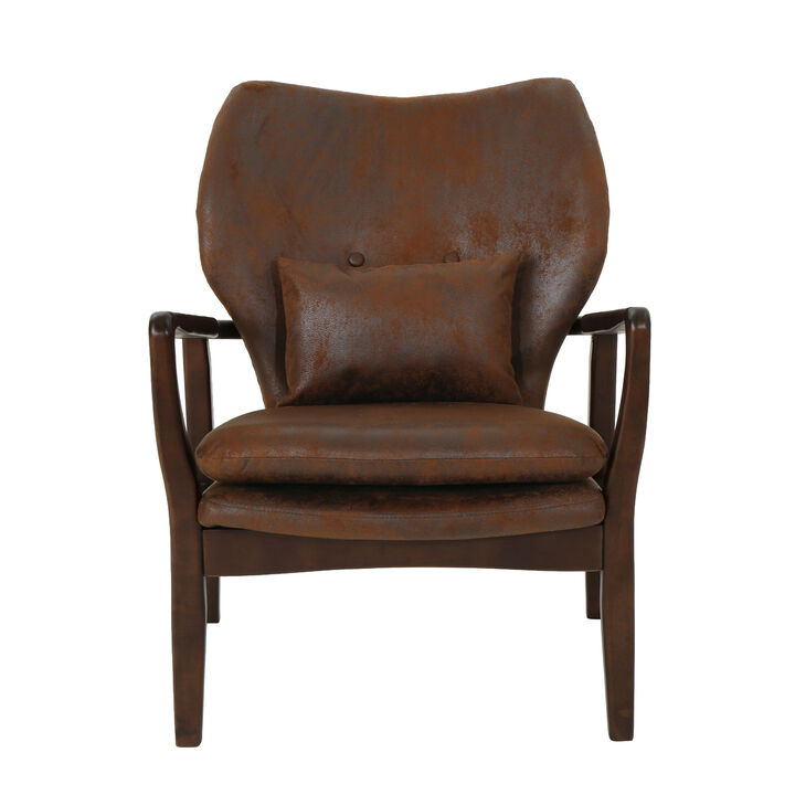 Keya Accent Chair, Dark Brown Microfiber, Button Tufted Back, Accent Pillow - Benzara