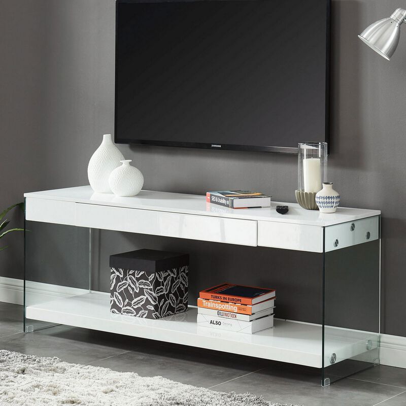 Contemporary Style Plastic TV Stand with Glass Side Panels, White-Benzara