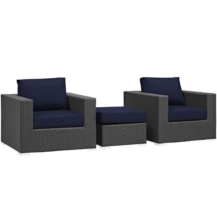 Sojourn Outdoor Patio Furniture Set - Ottoman & Armchairs with Sunbrella Cushions, UV Protection, and Aluminum Frame