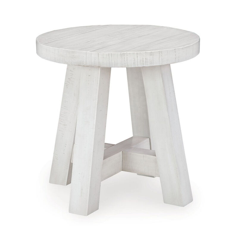 Linie Round Side End Table, Rustic Posts, 24 Inch White Pine Wood - Benzara