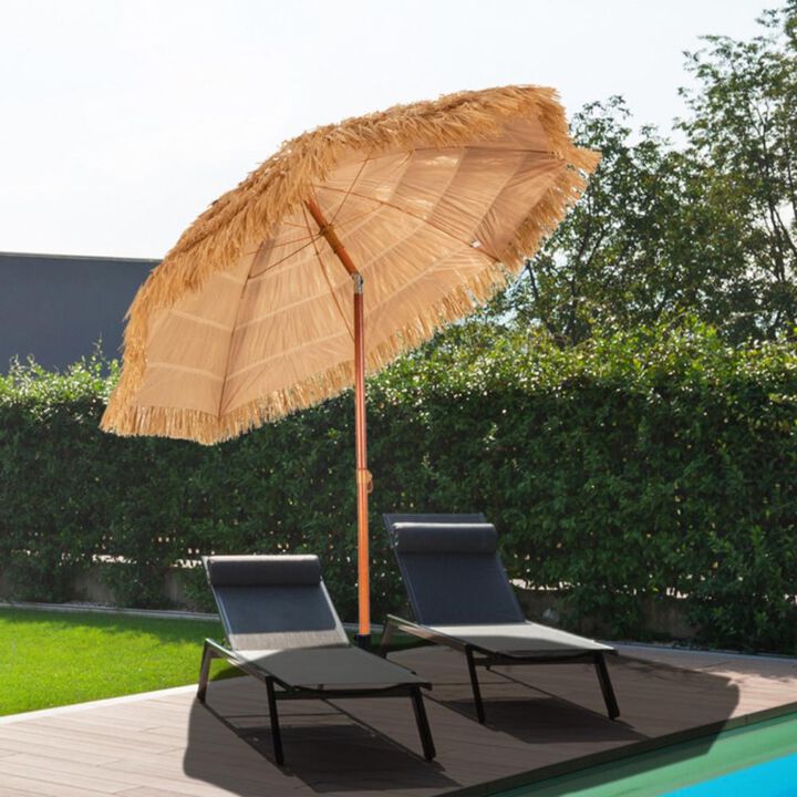 Hivvago 6.5 Feet Portable Thatched Tiki Beach Umbrella with Adjustable Tilt