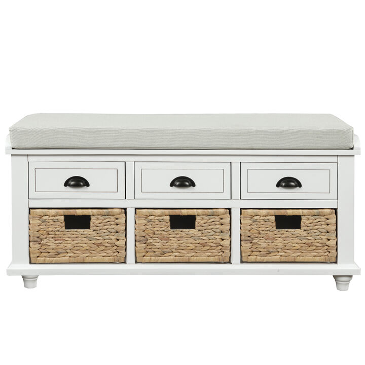 Rustic Storage Bench With 3 Drawers And 3 Rattan Baskets, Shoe Bench For Living Room