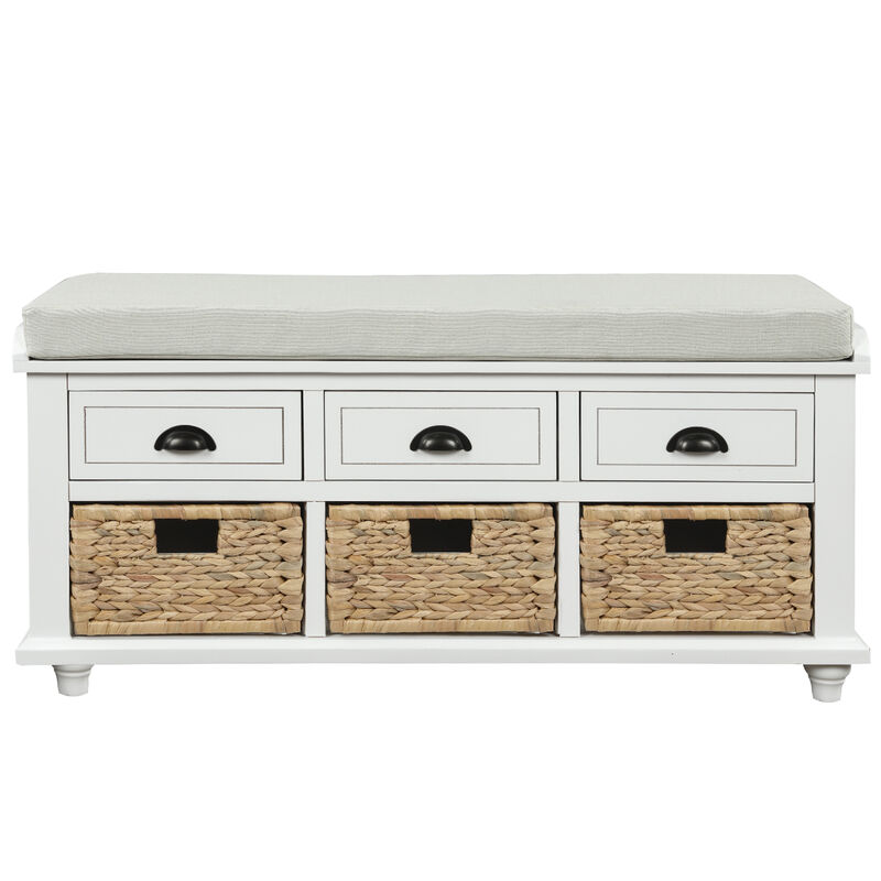Rustic Storage Bench With 3 Drawers And 3 Rattan Baskets, Shoe Bench For Living Room