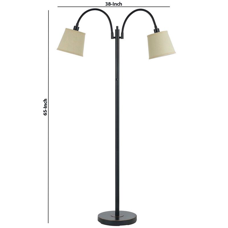 80 Watt Metal Floor Lamp with Dual Gooseneck and Uno Style Shades, Black-Benzara