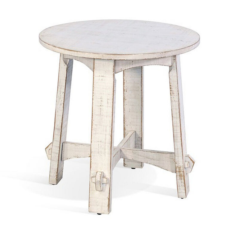 Rena Rustic Side End Table, X Legs, 24in Round, Distressed White Wood - Benzara