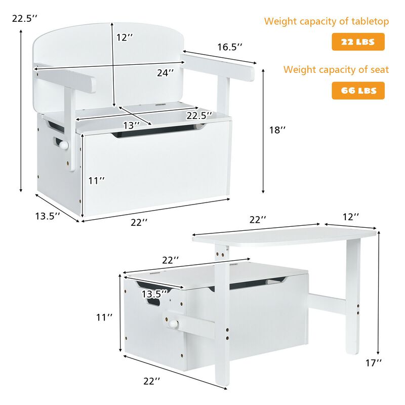 3-in-1 Kids Convertible Storage Bench Wood Activity Table and Chair Set