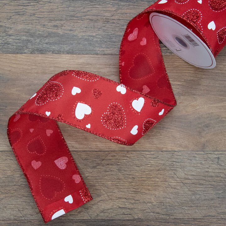 Red and White Glitter Hearts Valentine's Day Wired Craft Ribbon 2.5" x 10 Yards