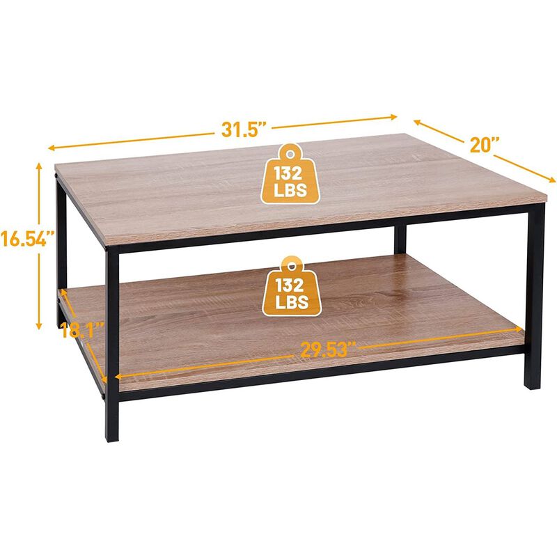 Hivvago Modern 2-Tier Metal Wooden Coffee Table in Natural Wood Finish