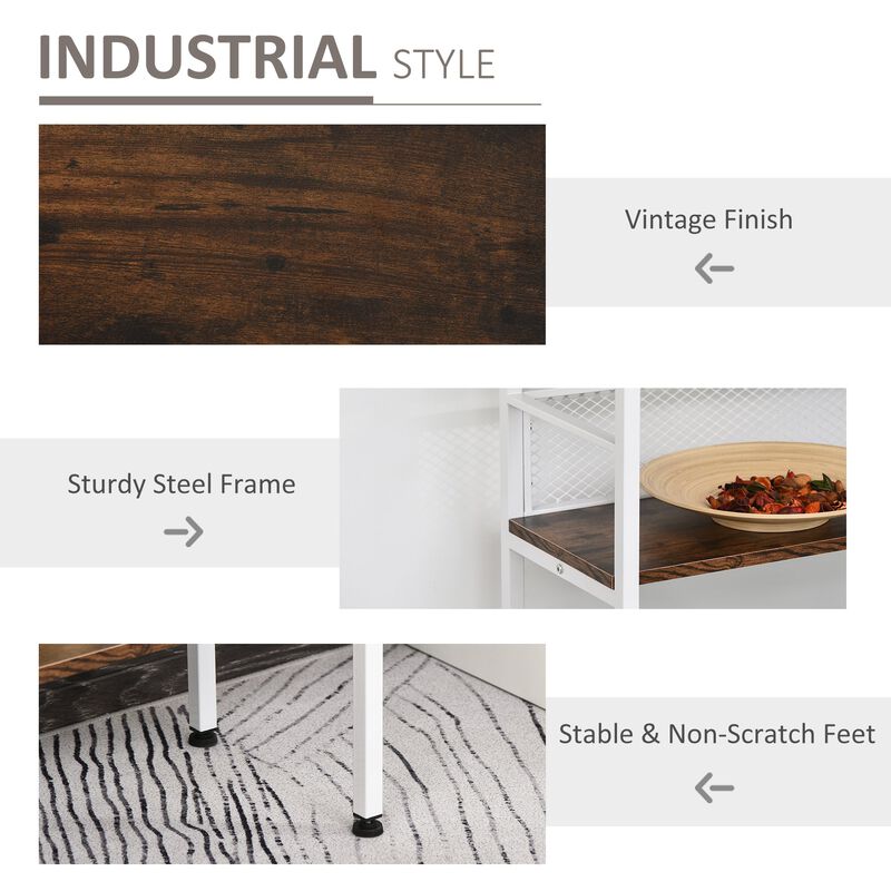 White Modern Console: 3-Tier Metal & Wood Table with Adjustable Feet