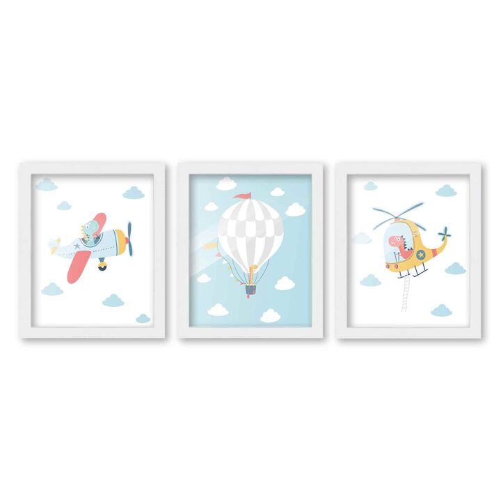 8x10 Framed Nursery Wall Art Set of 3 Hand Drawn Dinosaur Air Transporation Prints in White Wood Frames
