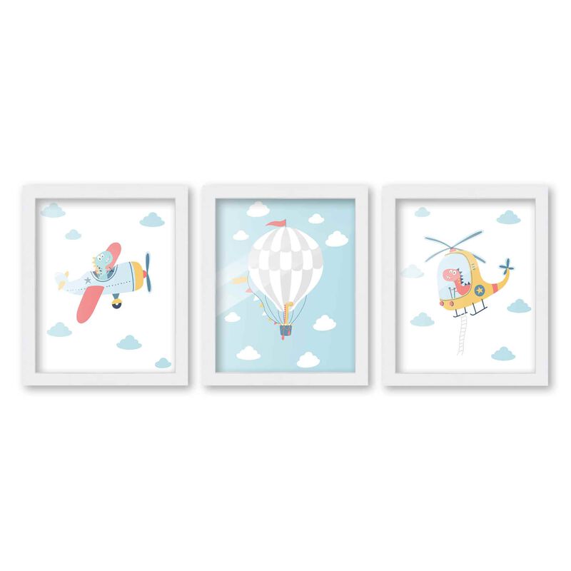 8x10 Framed Nursery Wall Art Set of 3 Hand Drawn Dinosaur Air Transporation Prints in White Wood Frames