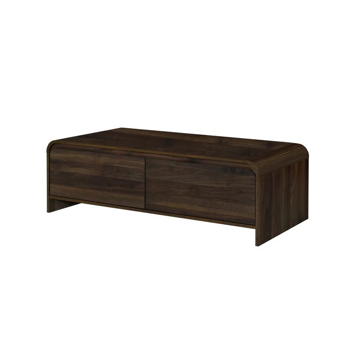Maria Coffee Table, 2 Drawer and Waterfall Style, Brown Wood 47 Inch - Benzara