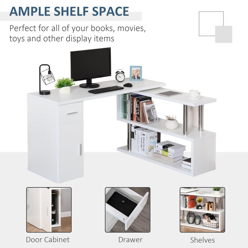 White Corner Workstation: L-Shaped Rotating Desk with Storage