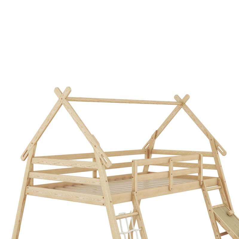 Twin Over Queen House Bunk Bed With Climbing Nets And Climbing Ramp, Natural