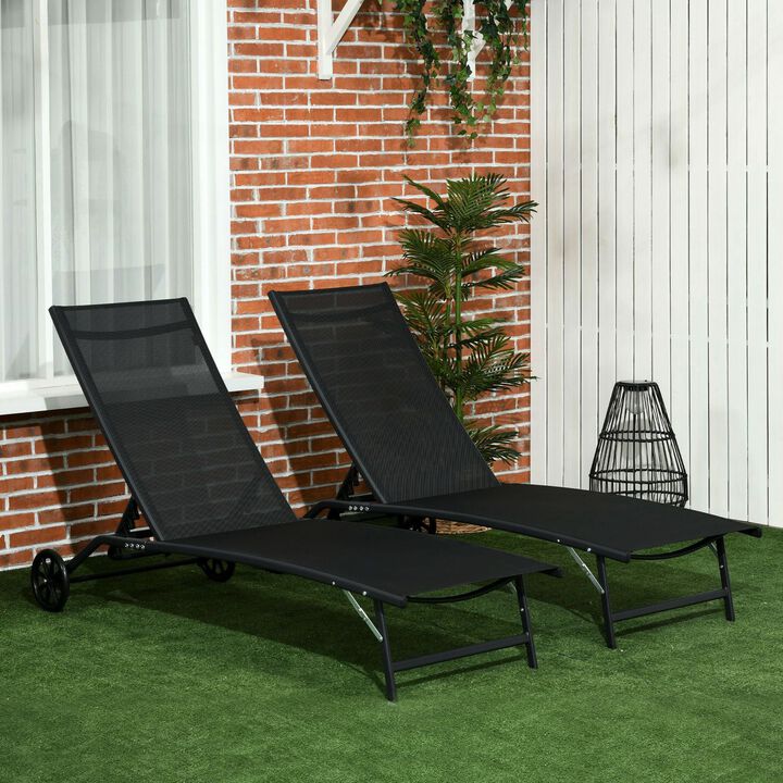Black Outdoor Recliners: Set of 2 Patio Chaise Lounges with Wheels