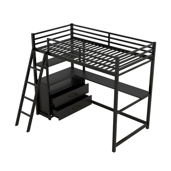 Twin Size Metal&Wood Loft Bed With Desk And Shelves, Two Built-In Drawers