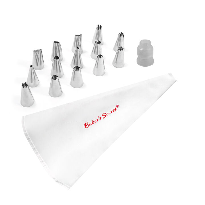 Baker's Secret Piping Bag with 14 tips, Reusable, Stainless Steel, Easy-to-clean & Dishwasher, Cake Decoration, Baking Accessories, Silver
