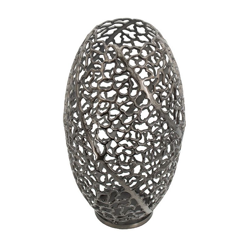 14 Inch Aluminum Accent Vase, Tall Curved Cut Out Design, Intricate Details - Benzara