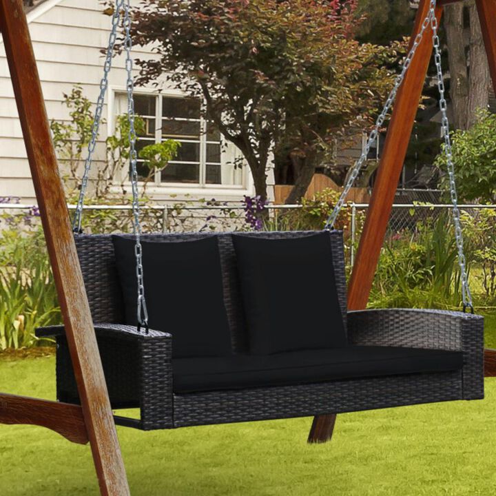 Hivvago 2-Person Wicker Hanging Porch Swing with 2 Back Cushions and 1 Seat Cushion