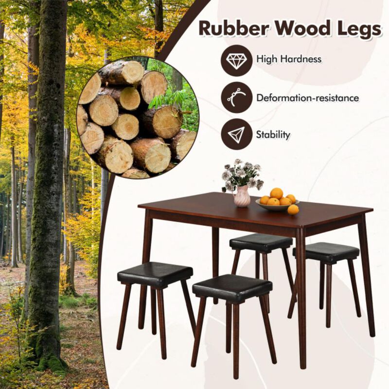 5 Piece Dining Table Set for 4 with 4 Upholstered Stools and Rubber Wood Legs