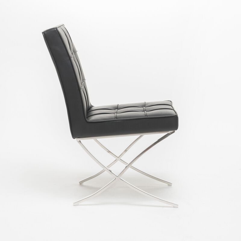Dinner Chair Set of 2, X Chrome Legs, Button Tufted Black Leather - Benzara
