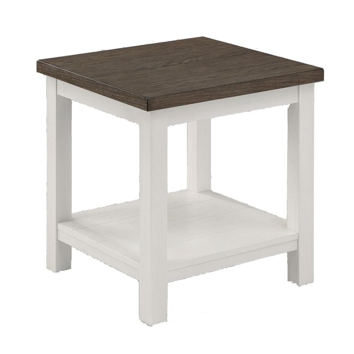 Mon 24 Inch Square End Table, Open Bottom Shelf, Brown Top, White Frame-Benzara