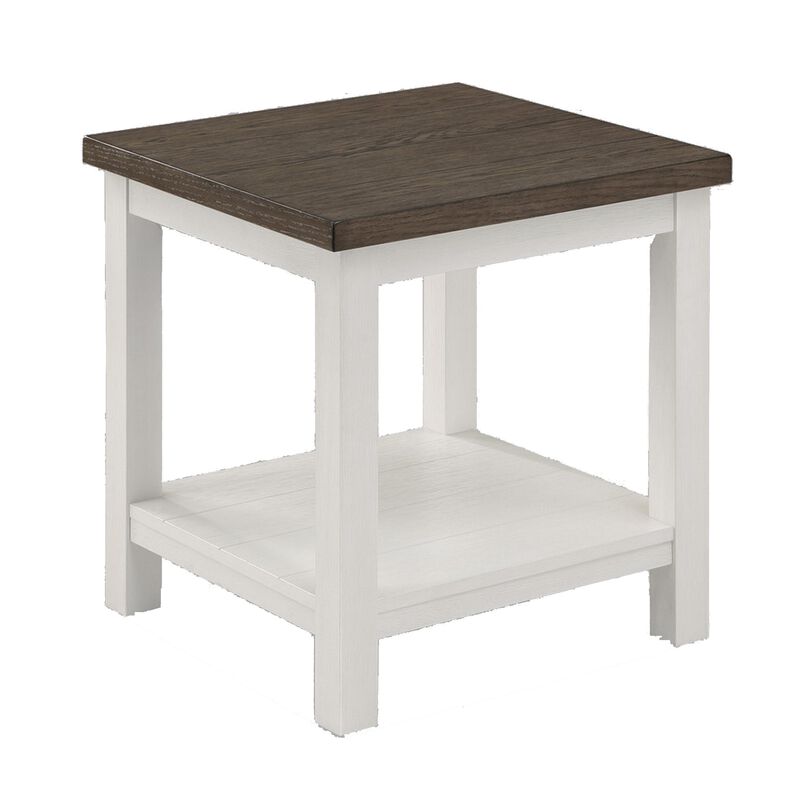 Mon 24 Inch Square End Table, Open Bottom Shelf, Brown Top, White Frame-Benzara