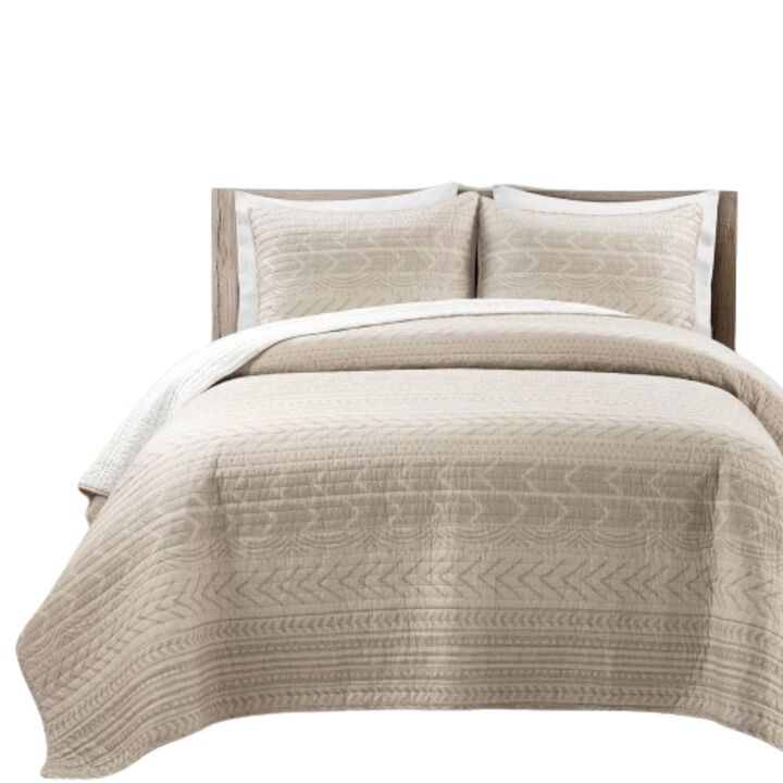 Hivvago King Scandinavian Chevron Beige Tan White Reversible Cotton Quilt Set