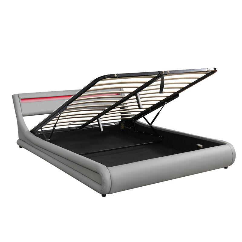 Upholstered PU Leather Platform Bed With A Hydraulic Storage System With LED Light Headboard