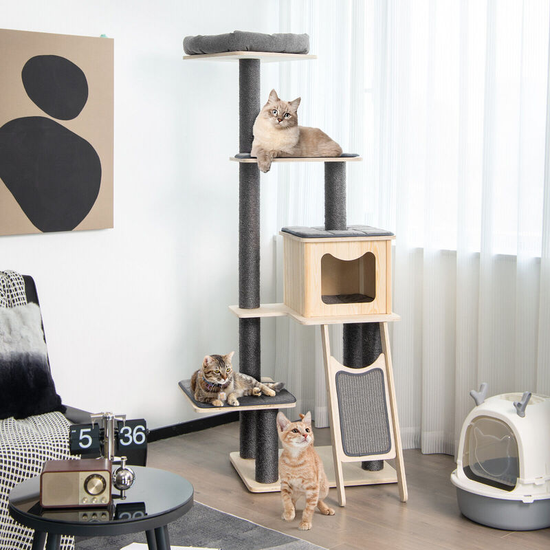 5-Tier Modern Wood Cat Tower with Washable Cushions-Grey