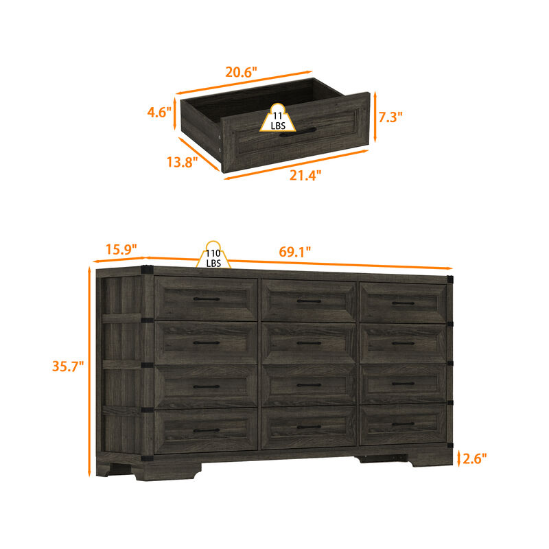 FUFU&GAGA 12-Drawer Dresser, Wood Storage Cabinet, Large dresser for Bedroom, Living Room, Hallway (63.4" W x 31.5" H x 15.4" D), Grey