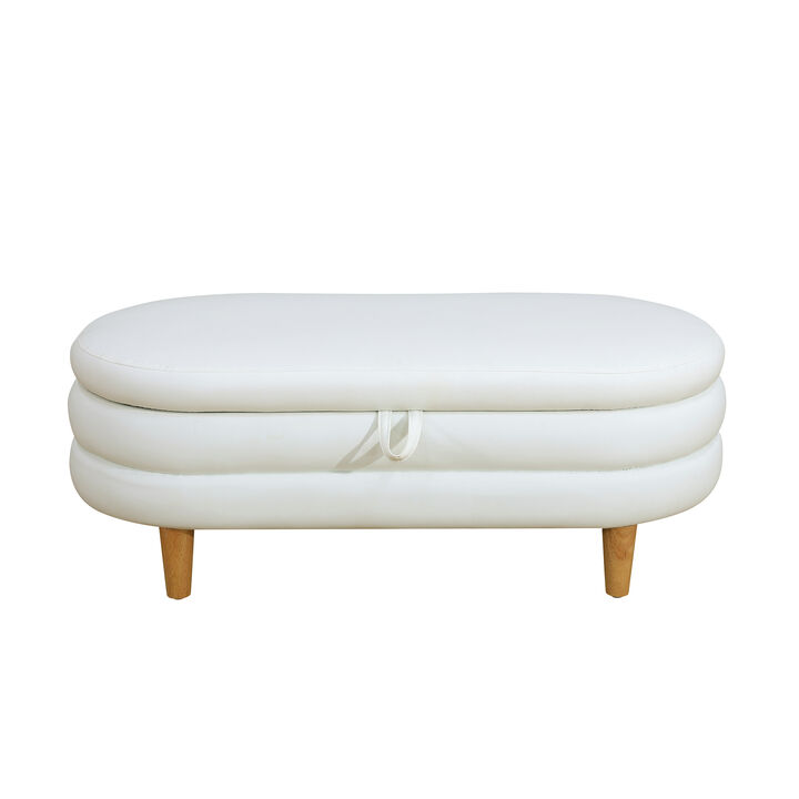 White Cotton Oval Ottoman with Storage