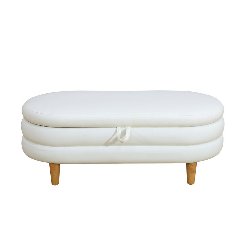 White Cotton Oval Ottoman with Storage