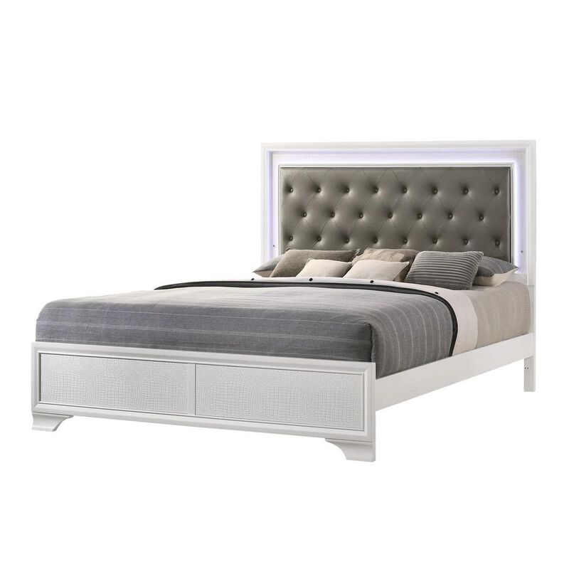 Benjara Lise King Size Bed, Fabric Upholstery, LED Lit, Modern Wood, White and Gray
