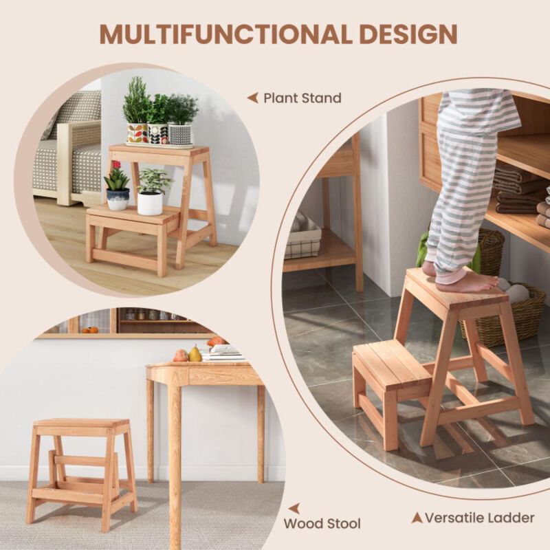 Hivvago Multipurpose Wood Folding 2-Step Stool for Indoor Outdoor Plant Stand-Natural
