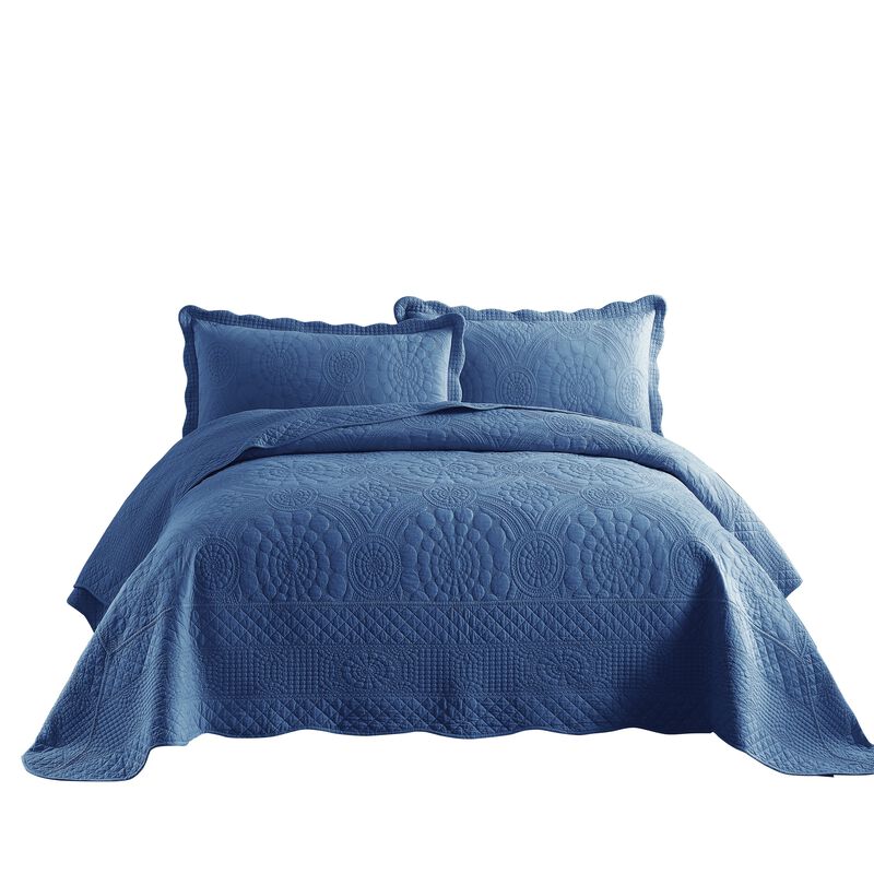 MarCielo 3 PCS 100% Cotton Oversized Bedspread Quilt Set Embroidery TF