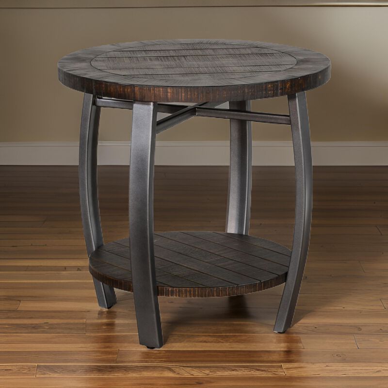 Flint Side End Table w Shelf, Barrel Shape, 24 Inch Dark Brown Round - Benzara