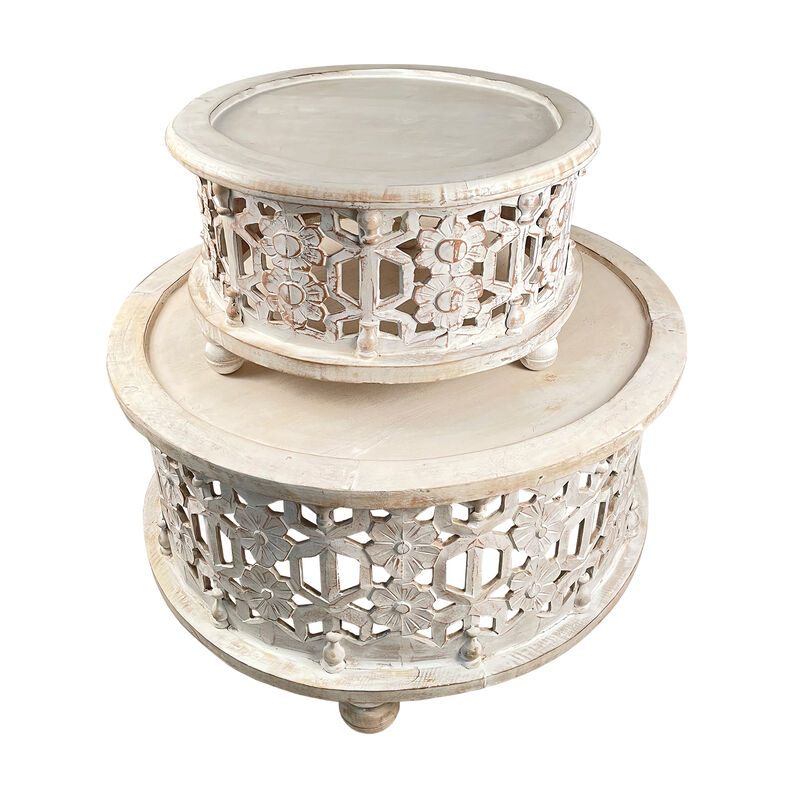 30 Inch Round 2 Piece Wood Coffee Table Set, Carved Floral Design, Antique White-Benzara
