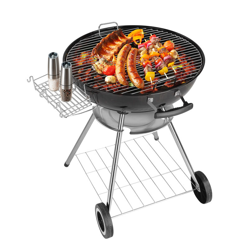 Round Charcoal BBQ Grill with Wheels, Ash Catcher, Storage Holder, and Thermometer for Outdoor