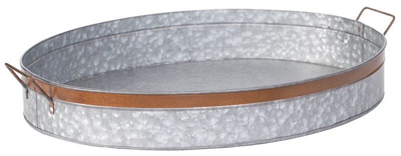 Galvanized Metal Oval Rustic Serving Tray With Handles, Large