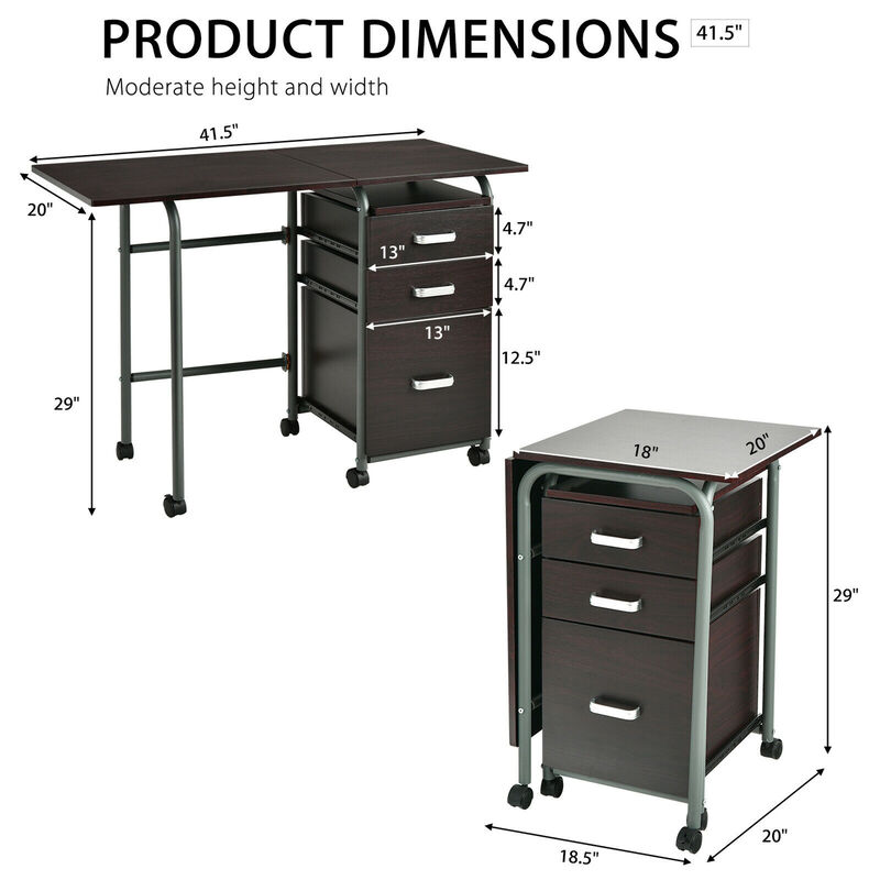 Costway Folding Computer Laptop Desk Wheeled Home Office Furniture w/3 Drawers Brown