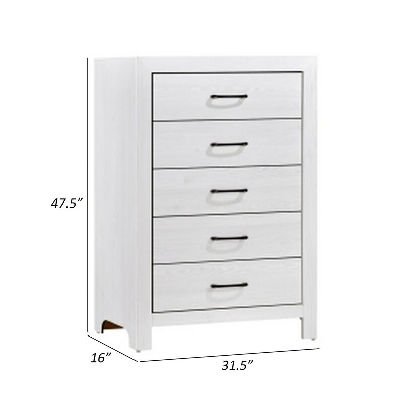 Eby 48 Inch Tall Dresser Chest, 5 Drawers with Black Nickel Handles, White - Benzara