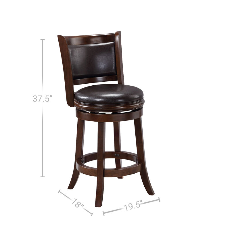 Pal 24 Inch Swivel Counter Stool, Solid Wood, Faux Leather, Cappuccino Brown - Benzara