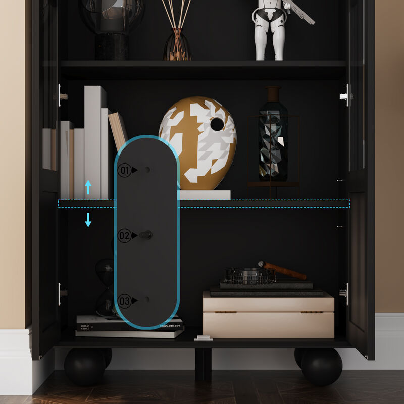 31.5 in. W, Black Wooden 2-Door Standard Bookcase, Storage Cabinet with 5 Shelves Storage and Tempered Glass Doors