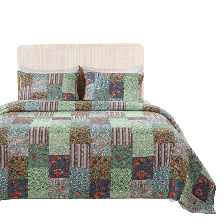 Aby 3 Piece Queen Quilt Set with 2 Pillow Shams, Multicolor - Benzara