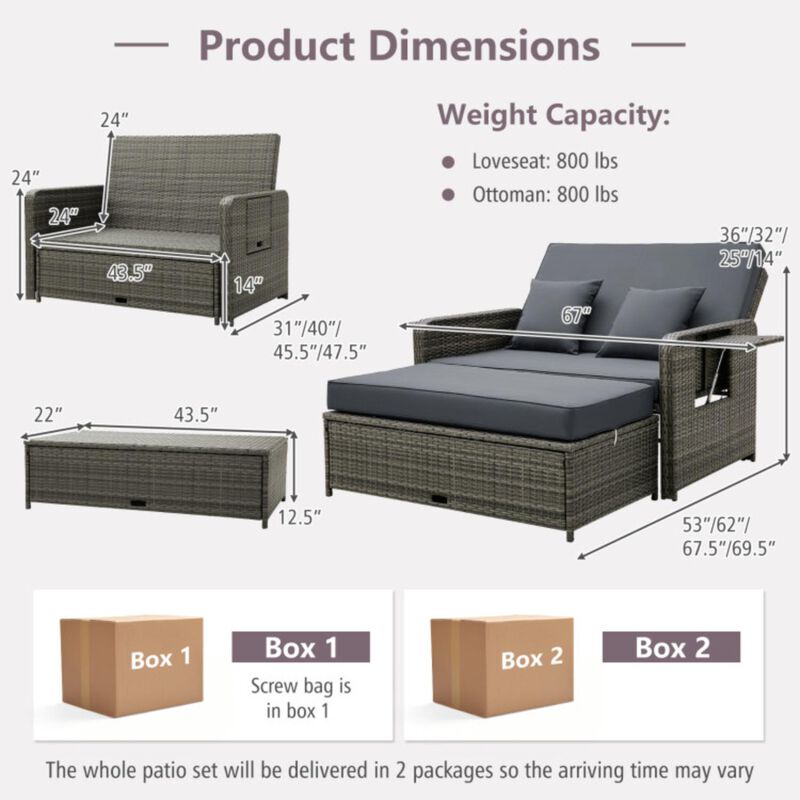 Hivvago Wicker Loveseat Sofa with Multipurpose Ottoman and Retractable Side Tray-Gray