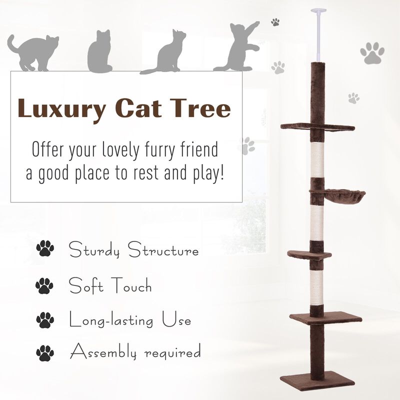 Vertical Feline Paradise: 9' Brown/White Adjustable Floor-to-Ceiling Cat Tree