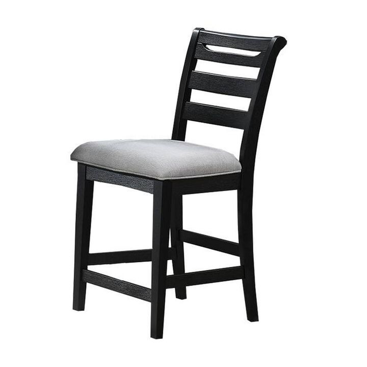 Remus Bar Height Chair, Ladder Back, Black Embossed Wood, Gray Fabric - Benzara