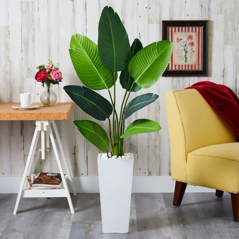 Hivvago 5 Feet Travelers Palm Artificial Tree in Tall White Planter